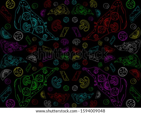 Pattern of slices of pizza, olives, sausage, tomato, cheese and champignons.  Neon variant in bright blue, green, claim and red colors.  Pizzeria pattern.
