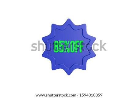 85 percent off 3d sign in green color with blue isolated on white background, 3d illustration.