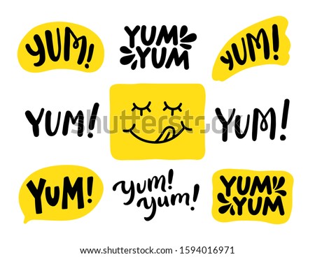 Yum Yum words set. Printable graphic tee. Design doodle for print. Vector illustration. Colorful. Cartoon hand drawn calligraphy style. Yellow Black and white Royalty-Free Stock Photo #1594016971