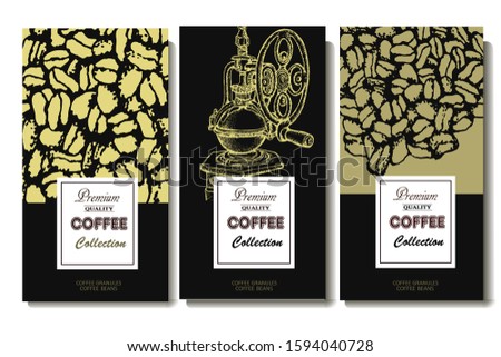 Coffee illustration. Hand drawn vector banner. Coffee beans, coffee machine