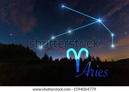dark landscape with night starry sky and Aries constellation