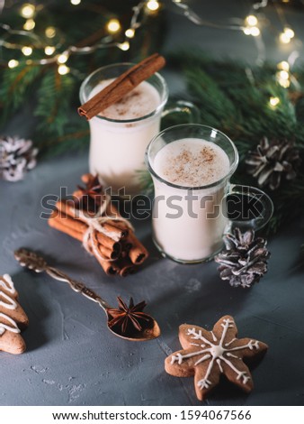 Eggnog with cinnamon and alcohol for winter holidays . Traditional Christmas drink