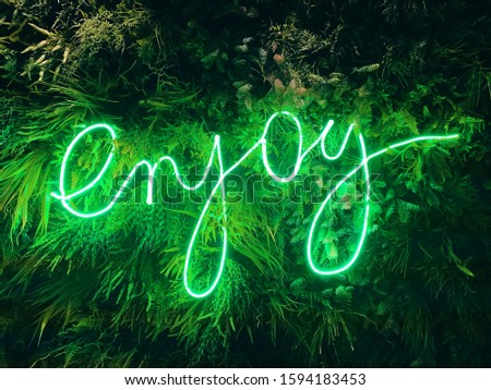 LED sign Enjoy. Live neon sign on the leaves wall background.