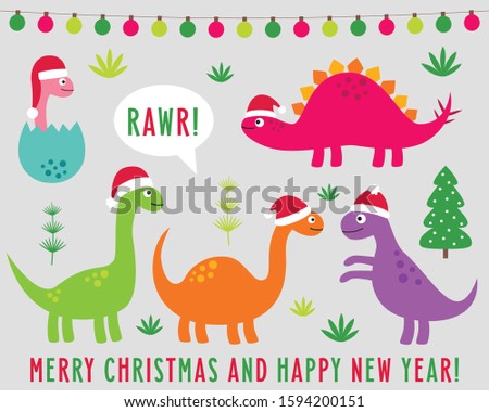 Cute cartoon dinosaurs in Santa hats