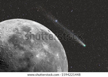 Collage of astronomical photos. Photo of the moon through a telescope. A real photo of a comet in the starry sky. A comet  C / 2013 R1 Lovejoy flies over the surface of the moon.