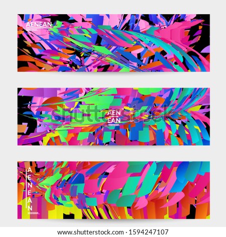 Abstract banner template with bright colored random small particle explosion. Sport music social media layout. Optical art dynamic background with outer space motion. Futuristic vector.