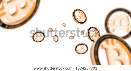Cryptocurrency background. Falling Gold Bitcoin isolated on white. Falling money concept