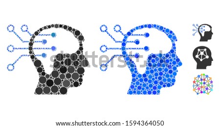 Neural interface circuit mosaic of small circles in various sizes and color tones, based on neural interface circuit icon. Vector small circles are united into blue illustration.