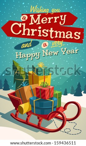 Open sleigh with bunch of gifts. Merry Christmas illustration.