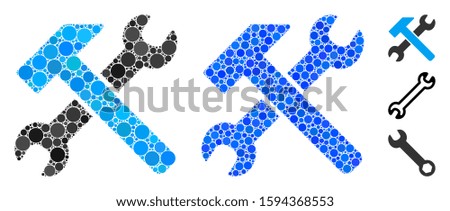 Hammer and wrench composition of circle elements in various sizes and color hues, based on hammer and wrench icon. Vector circle elements are united into blue composition.
