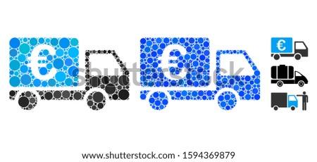 Euro collector car mosaic of spheric dots in various sizes and shades, based on Euro collector car icon. Vector round dots are combined into blue illustration.
