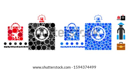 Baggage screening mosaic of filled circles in different sizes and color tints, based on baggage screening icon. Vector filled circles are grouped into blue composition.