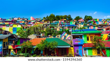 Panoramic shot of Kalisari Rainbow Village in Semarang, Central Java, Indonesia. Royalty-Free Stock Photo #1594396360