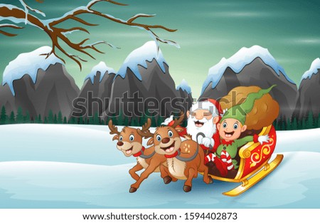Happy santa claus and elf riding his sleigh at winter snow