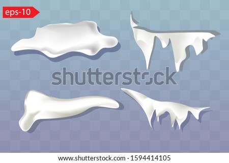 Winter decoration set with snow caps with trailing icicles and  in a large assortment of shapes and sizes on a blue background for use as design elements, vector illustration. Royalty-Free Stock Photo #1594414105