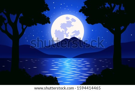 Night scene at river with big trees and full moon