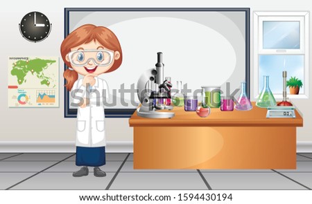 Scene with female scientist working in the lab illustration