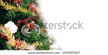 Christmas Tree Decorated On White Background, Selective Focus, Copy-Space For Text