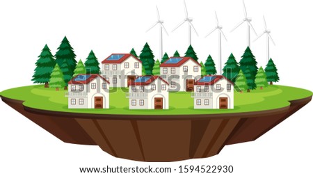 Scene with houses and solar cells on the roof illustration