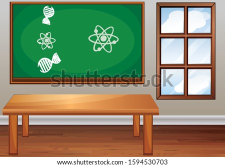 Classroom scene with table and board illustration