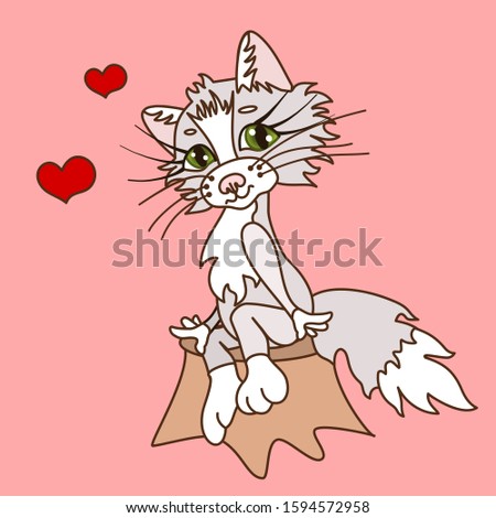 emoticon with a smiling pretty shy but flirty lady-cat sitting on a stump, vector clip art on pink isolated background with hearts