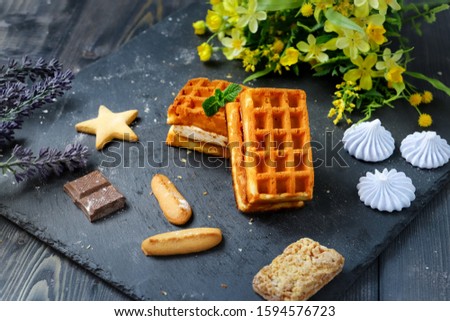 Near the spread of snow little meringue On graphite colors of flat stone meringue tiles there are shaped cookies, of different kinds, peaks of gentle beze, chocolate tiles, large Vienna waffles 