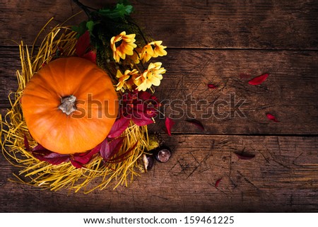 Autumn pumpkin with flowers on wood board pictured from above. 