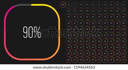 Set of rectangle percentage diagrams meters from 0 to 100 ready-to-use for web design, user interface UI or infographic - indicator with gradient from yellow to magenta hot pink