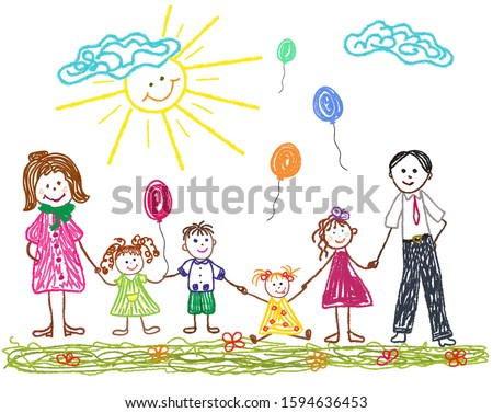 Friendly family with mom dad and children. Children's drawing drawn in crayons Royalty-Free Stock Photo #1594636453