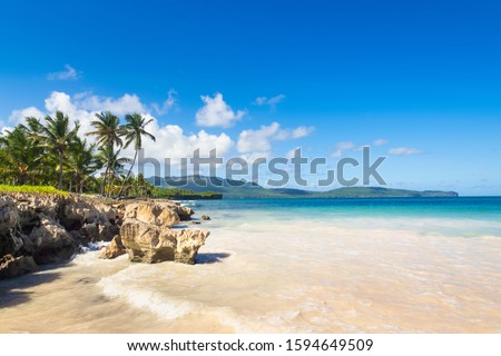Beautiful tropical beach with white sand, palm trees, turquoise ocean against blue sky with clouds on sunny summer day in Las Galeras, Dominican Republic.