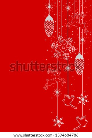 Silver garland with snowflakes, deer and birds on a red background .Vector graphic.