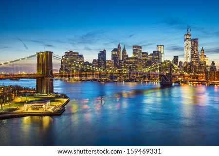 Famous view of New York City over the East River towards the financial district in the borough of Manhattan.