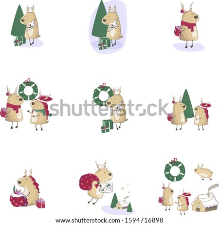 Christmas baby cute deer s set with gift. Winter mood. Christmas illustration. Greeting card animal winter design decoration new years eve. Baby shower cartoon clip art