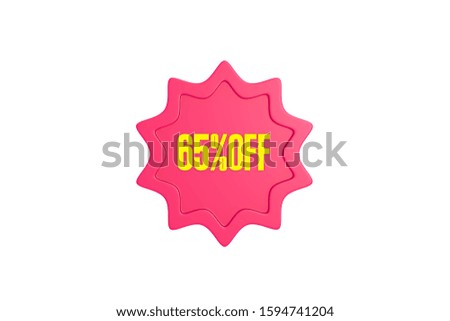 65 percent off 3d sign in yellow color with pink isolated on white background, 3d illustration.