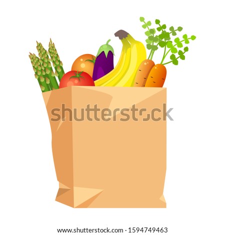 
vector drawing on a white background, a paper bag with vegetables and fruits, tomatoes, bananas, asparagus, carrots, eggplant. Isolated, can be used as a clip art as a symbol of vegetarianism, vegan 