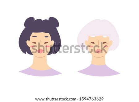 Cartoon avatars of cute young and elderly stylish woman with asian nationality, hairstyles and accessories. Illustration of portrait of smiling hipster girl characters. Modern female emoticons