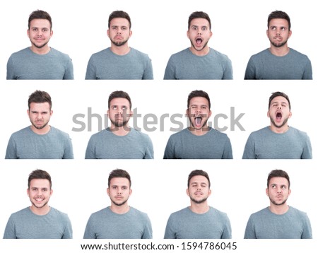 Mosaic of young adult expressions on white background