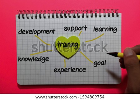 Training on sticky note with keywords isolated on office desk. Chart or mechanism concept.