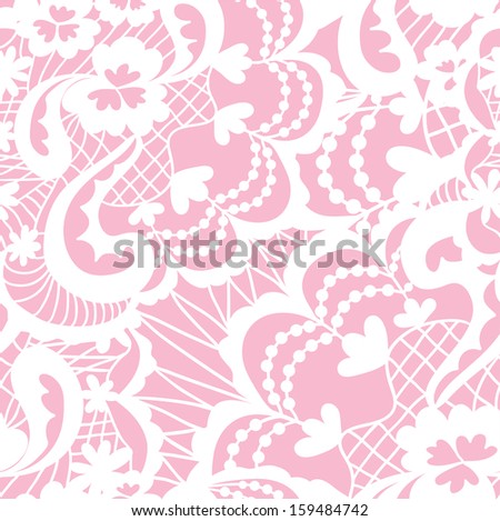 Lace white seamless pattern with flowers on pink background