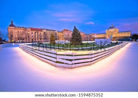 Tomislav square in Zagreb ice skate park advent evening view, capital of Croatia