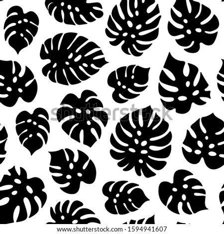 Monstera leaf silhouette pattern on white background. Plant leaf seamless pattern. Great for wallpaper, web background, wrapping paper, fabric, packaging, greeting cards and more.