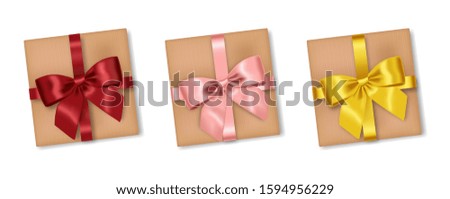 Realistic gifts set, red,pink and yellow bow, happy birthday, merry christmas, celebration decoration, party elements package mockup, vector