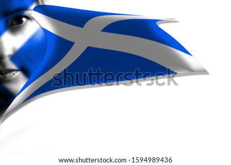 Scottish flag painted on human face and waving on white background.