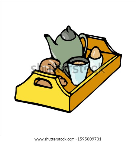 vector illustration breakfast tray isolation on white background. fresh buns, croissant. egg jam and a cap of coffee on serving meal .tasty good morning.