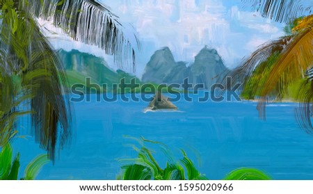 Blue water. Wide brush painting. Hot summer. Pacific atoll. Seaside panorama. Ocean view. Digital art. 2d illustration.
