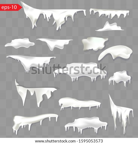 Winter decoration set with snow caps with trailing icicles and snowballs in a large assortment of shapes and sizes  for use as design elements, vector illustration. Royalty-Free Stock Photo #1595053573