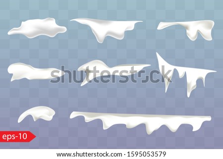 Winter decoration set with snow caps with trailing icicles and snowballs in a large assortment of shapes and sizes on a blue background for use as design elements, vector illustration. Royalty-Free Stock Photo #1595053579