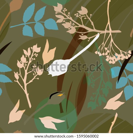 Beige, blue flowers and leaves on a army-green, sage background. Abstract floral pattern. Seamless vector pattern. EPS10