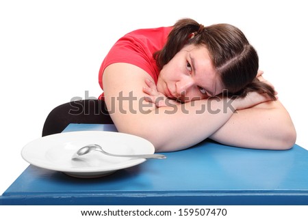 Hungry obese woman with empty plate. Funny picture on diet theme. 