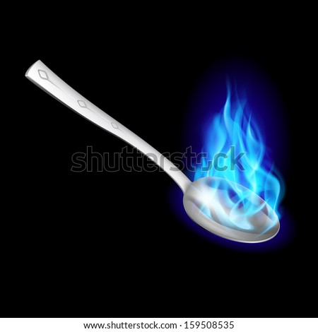 Metal spoon with blue fire on black background.  